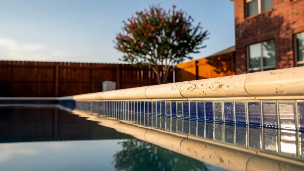 Blue waterline tile under a travertine pool coping, a brick house and crepe myrtle behind