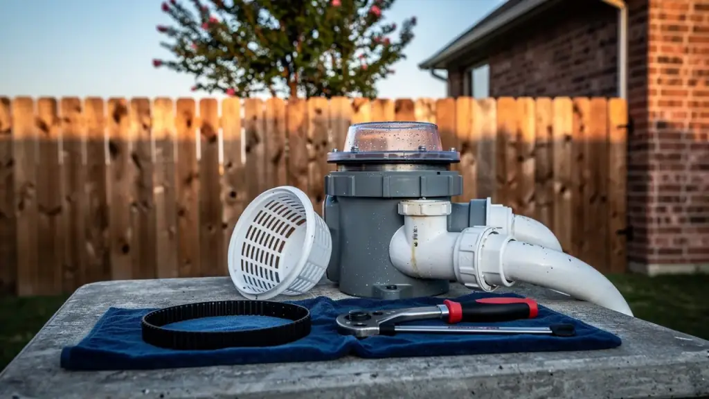 Pool pump with its strainer lid off, the basket, a new o-ring and a wrench laid out on a shop towel
