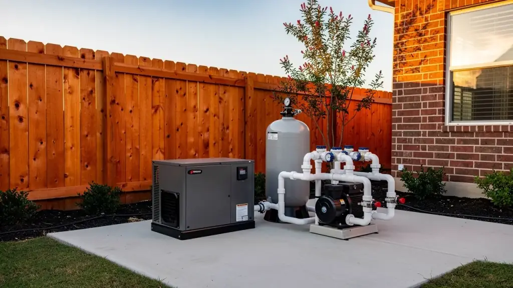 Pool equipment pad with a pump, a cartridge filter and a gas heater beside a cedar privacy fence