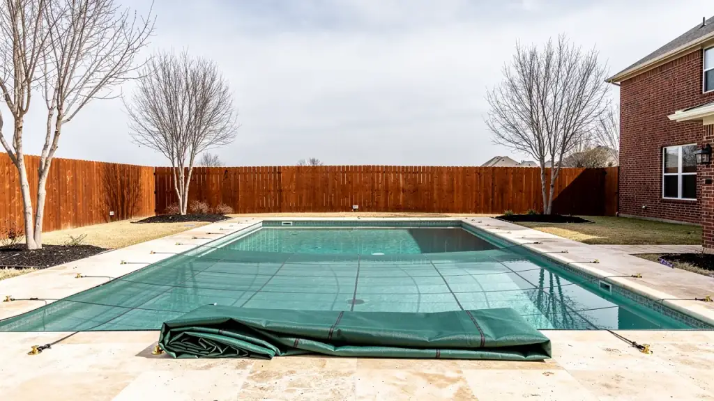 Green mesh safety cover pulled back from the shallow end of a backyard pool in early spring