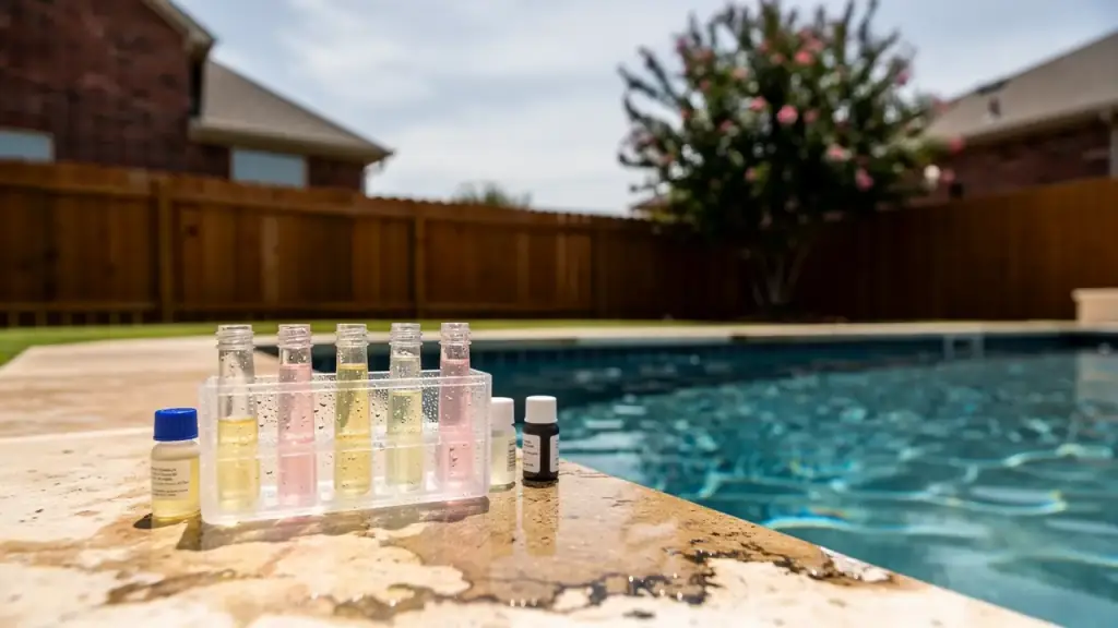 Pool water test kit with sample vials and reagent bottles on the coping