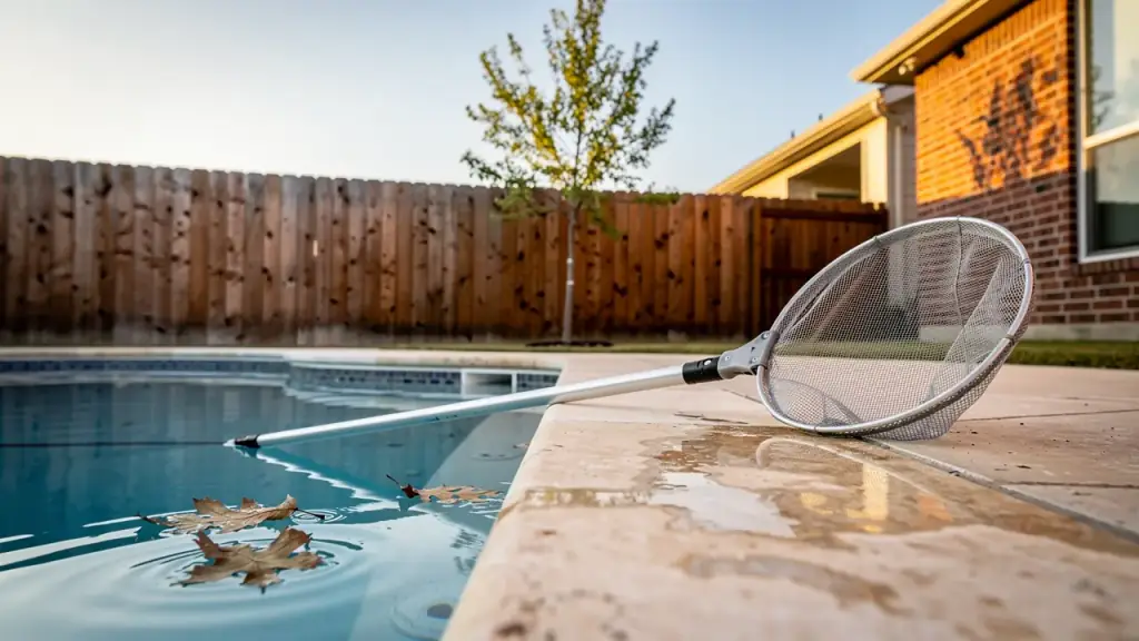 Leaf skimmer net on a telescopic pole resting across wet travertine coping beside a clear pool